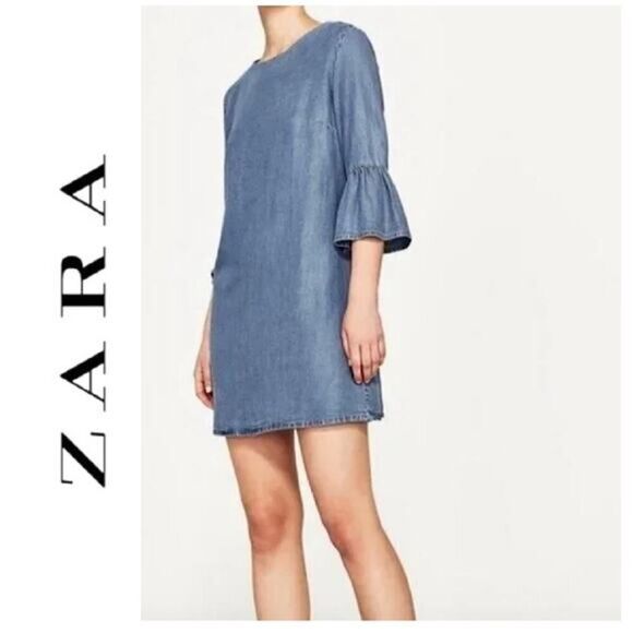 Zara Woman Premium Denim Collection chambray 3/4 bell sleeve dress Size Small - Picture 1 of 7